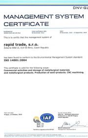 Certifikát systému řízení ISO14001 EN